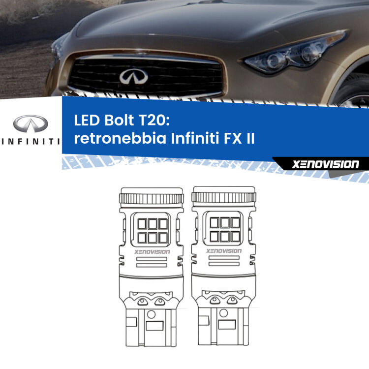 <strong>Retronebbia LED per Infiniti FX</strong> II 2008 - 2013. Coppia lampade <strong>T20</strong> modello Bolt canbus.