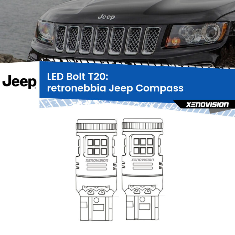 <strong>Retronebbia LED per Jeep Compass</strong>  2011 - 2016. Coppia lampade <strong>T20</strong> modello Bolt canbus.