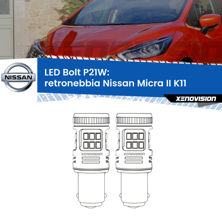 <strong>Retronebbia LED per Nissan Micra II</strong> K11 1992 - 2003. Coppia lampade <strong>P21W</strong> modello Bolt canbus.