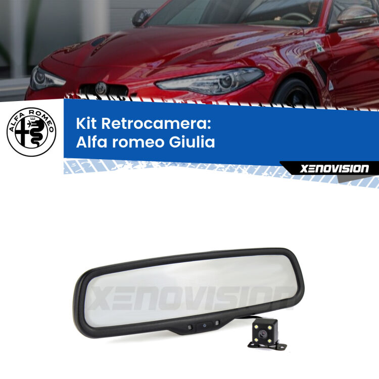 Kit Telecamera Parcheggio e Specchietto retrovisore con display invisibile per Alfa romeo Giulia . Spento è identico all’originale. In retromarcia, l’immagine appare in un riquadro prima invisibile