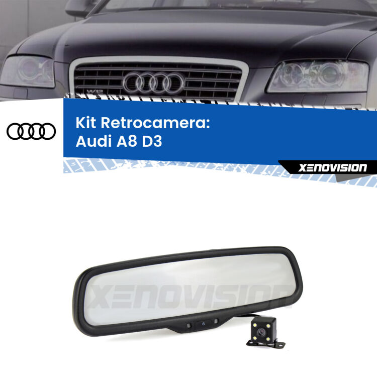 Kit Telecamera Parcheggio e Specchietto retrovisore con display invisibile per Audi A8 D3. Spento è identico all’originale. In retromarcia, l’immagine appare in un riquadro prima invisibile