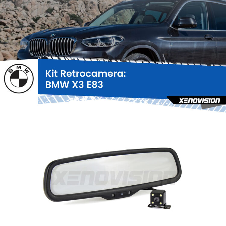 Kit Telecamera Parcheggio e Specchietto retrovisore con display invisibile per BMW X3 E83. Spento è identico all’originale. In retromarcia, l’immagine appare in un riquadro prima invisibile