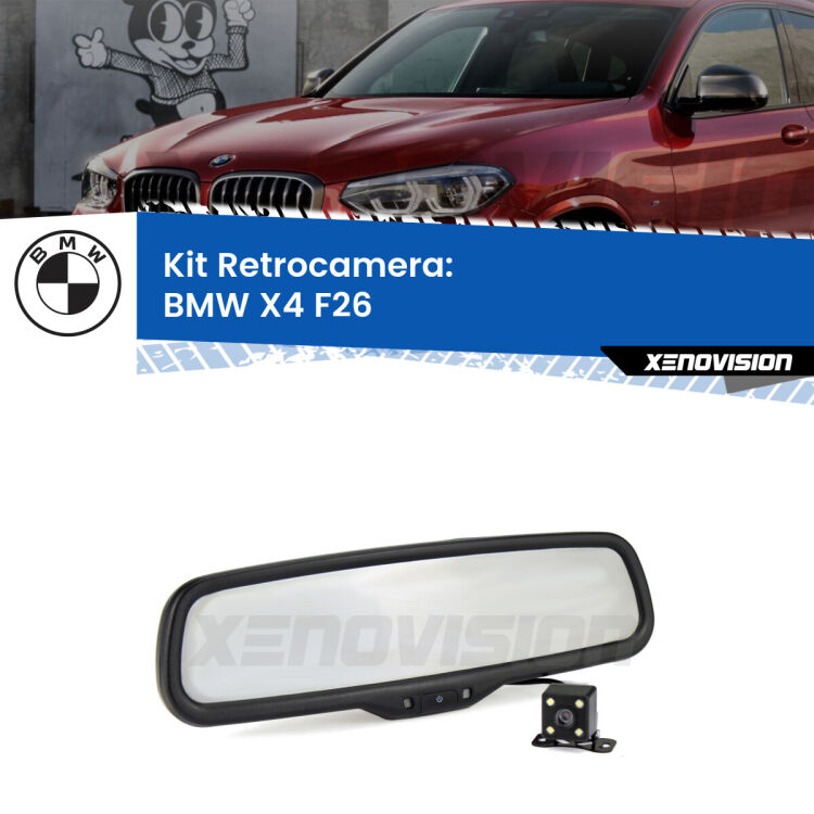 Kit Telecamera Parcheggio e Specchietto retrovisore con display invisibile per BMW X4 F26. Spento è identico all’originale. In retromarcia, l’immagine appare in un riquadro prima invisibile