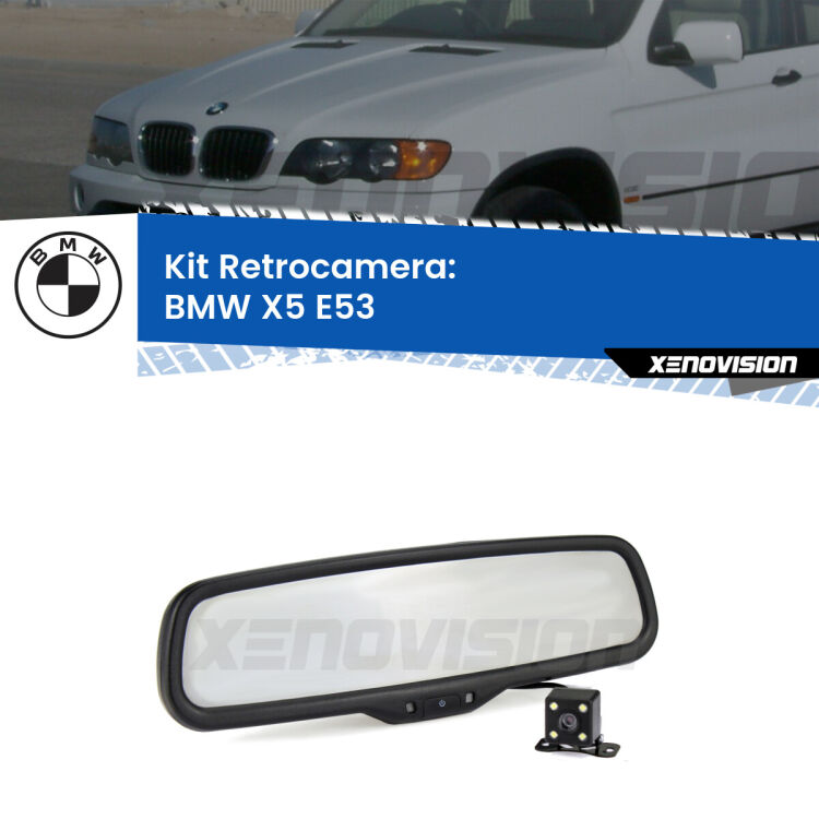 Kit Telecamera Parcheggio e Specchietto retrovisore con display invisibile per BMW X5 E53. Spento è identico all’originale. In retromarcia, l’immagine appare in un riquadro prima invisibile