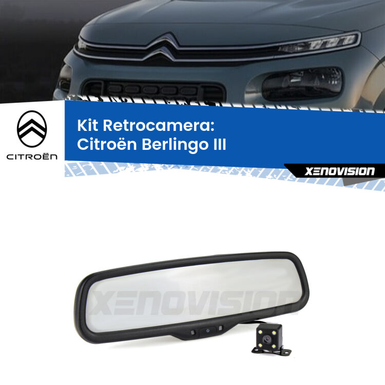 Kit Telecamera Parcheggio e Specchietto retrovisore con display invisibile incorporato per Citroën Berlingo III. Da spento è indistinguibile da un retrovisore originale. Con 2 ingressi video per telecamere retromarcia, l'immagine appare in un riquadro che prima era invisibile.