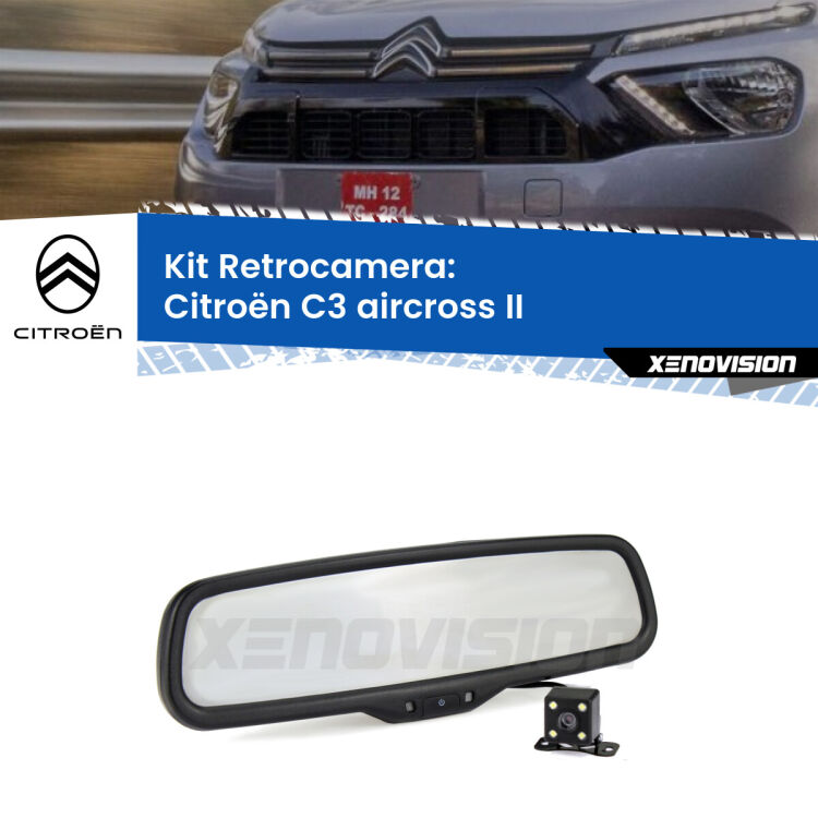 Kit Telecamera Parcheggio e Specchietto retrovisore con display invisibile incorporato per Citroën C3 aircross II. Da spento è indistinguibile da un retrovisore originale. Con 2 ingressi video per telecamere retromarcia, l'immagine appare in un riquadro che prima era invisibile.