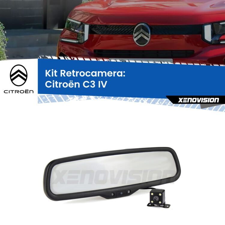 Kit Telecamera Parcheggio e Specchietto retrovisore con display invisibile incorporato per Citroën C3 IV. Da spento è indistinguibile da un retrovisore originale. Con 2 ingressi video per telecamere retromarcia, l'immagine appare in un riquadro che prima era invisibile.