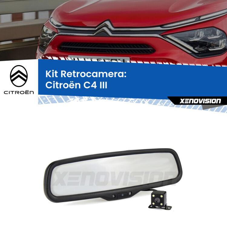 Kit Telecamera Parcheggio e Specchietto retrovisore con display invisibile incorporato per Citroën C4 III. Da spento è indistinguibile da un retrovisore originale. Con 2 ingressi video per telecamere retromarcia, l'immagine appare in un riquadro che prima era invisibile.