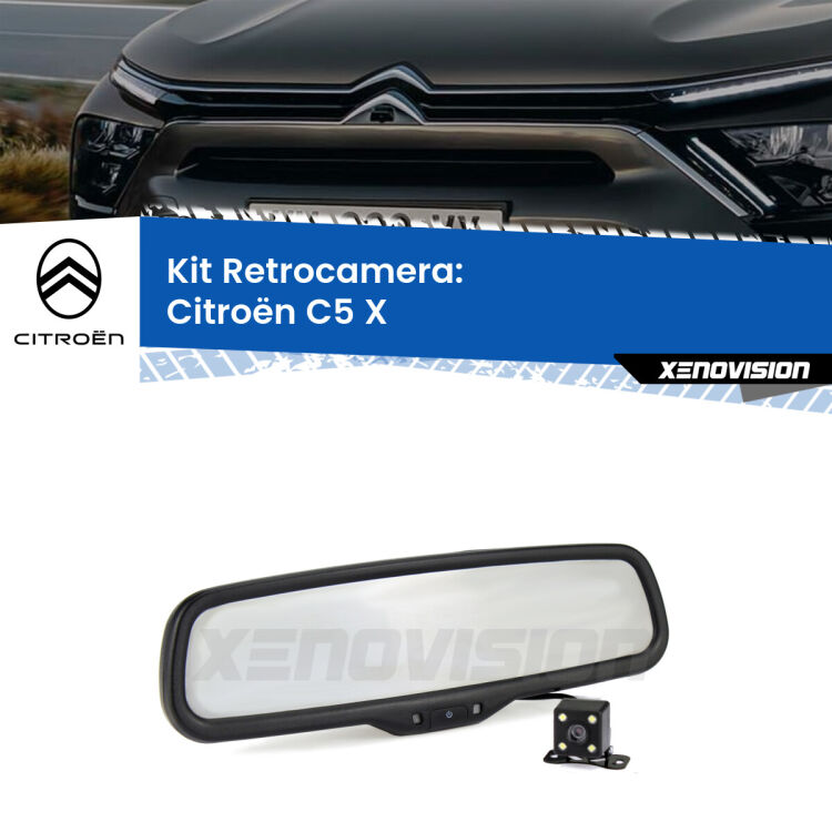 Kit Telecamera Parcheggio e Specchietto retrovisore con display invisibile incorporato per Citroën C5 X . Da spento è indistinguibile da un retrovisore originale. Con 2 ingressi video per telecamere retromarcia, l'immagine appare in un riquadro che prima era invisibile.