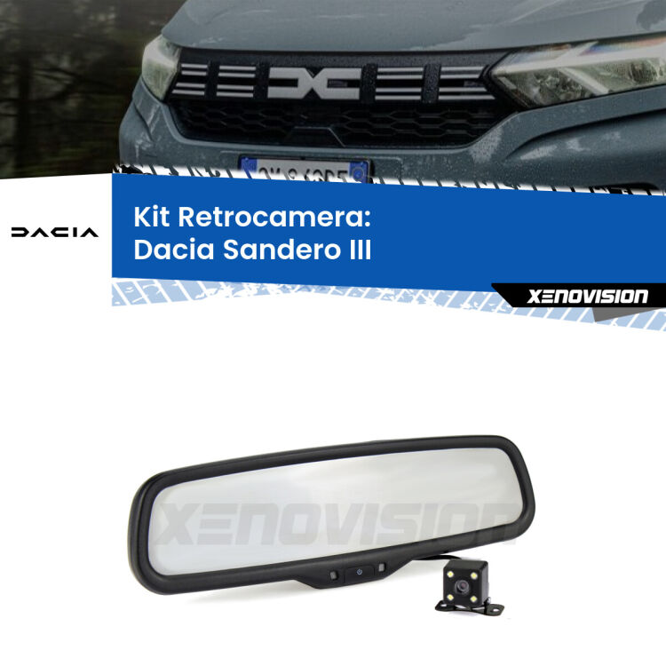 Kit Telecamera Parcheggio e Specchietto retrovisore con display invisibile incorporato per Dacia Sandero III . Da spento è indistinguibile da un retrovisore originale. Con 2 ingressi video per telecamere retromarcia, l'immagine appare in un riquadro che prima era invisibile.