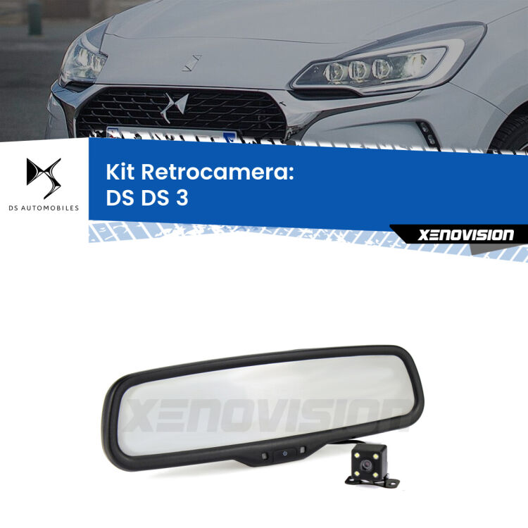 Kit Telecamera Parcheggio e Specchietto retrovisore con display invisibile incorporato per DS DS 3 . Da spento è indistinguibile da un retrovisore originale. Con 2 ingressi video per telecamere retromarcia, l'immagine appare in un riquadro che prima era invisibile.