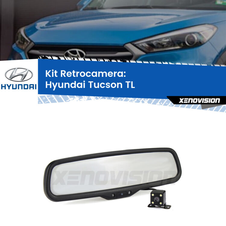 Kit Telecamera Parcheggio e Specchietto retrovisore con display invisibile per Hyundai Tucson TL. Spento è identico all’originale. In retromarcia, l’immagine appare in un riquadro prima invisibile