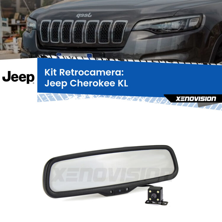 Kit Telecamera Parcheggio e Specchietto retrovisore con display invisibile per Jeep Cherokee KL. Spento è identico all’originale. In retromarcia, l’immagine appare in un riquadro prima invisibile