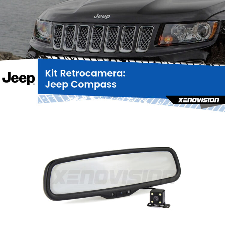 Kit Telecamera Parcheggio e Specchietto retrovisore con display invisibile per Jeep Compass . Spento è identico all’originale. In retromarcia, l’immagine appare in un riquadro prima invisibile