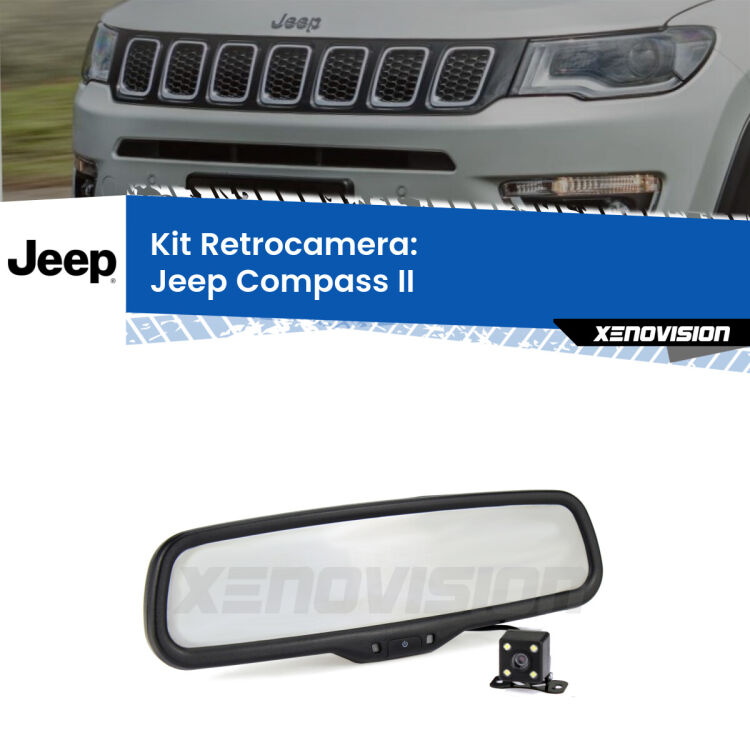 Kit Telecamera Parcheggio e Specchietto retrovisore con display invisibile per Jeep Compass II. Spento è identico all’originale. In retromarcia, l’immagine appare in un riquadro prima invisibile