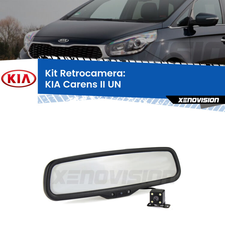 Kit Telecamera Parcheggio e Specchietto retrovisore con display invisibile per KIA Carens II UN. Spento è identico all’originale. In retromarcia, l’immagine appare in un riquadro prima invisibile