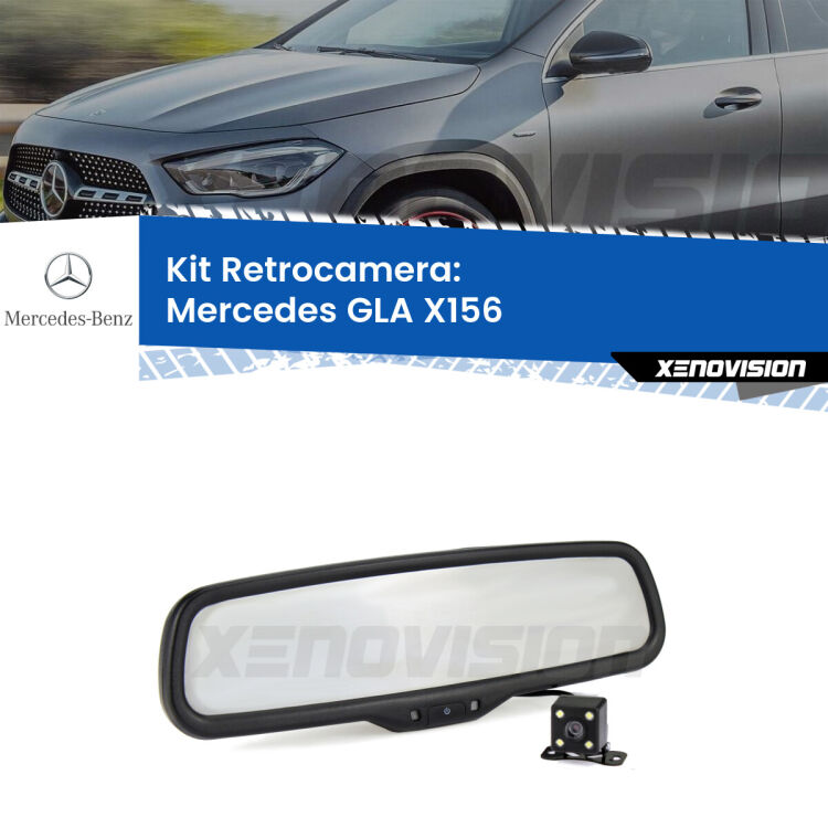 Kit Telecamera Parcheggio e Specchietto retrovisore con display invisibile per Mercedes GLA X156. Spento è identico all’originale. In retromarcia, l’immagine appare in un riquadro prima invisibile