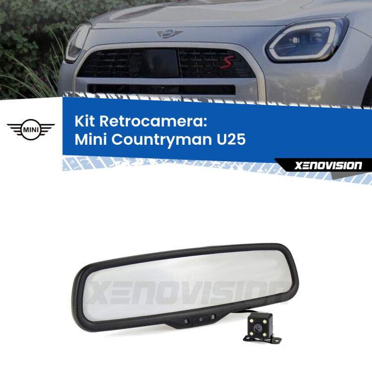 Kit Telecamera Parcheggio e Specchietto retrovisore con display invisibile incorporato per Mini Countryman U25. Da spento è indistinguibile da un retrovisore originale. Con 2 ingressi video per telecamere retromarcia, l'immagine appare in un riquadro che prima era invisibile.