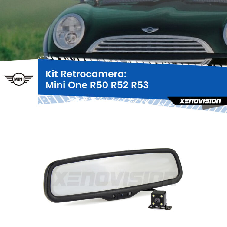 Kit Telecamera Parcheggio e Specchietto retrovisore con display invisibile incorporato per Mini One R50 R52 R53. Da spento è indistinguibile da un retrovisore originale. Con 2 ingressi video per telecamere retromarcia, l'immagine appare in un riquadro che prima era invisibile.