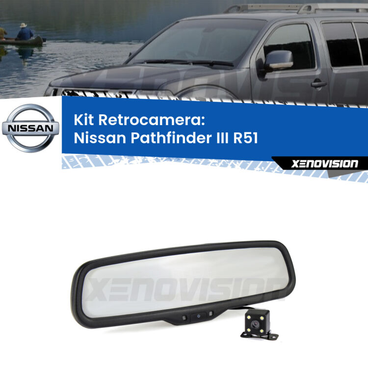 Kit Telecamera Parcheggio e Specchietto retrovisore con display invisibile per Nissan Pathfinder III R51. Spento è identico all’originale. In retromarcia, l’immagine appare in un riquadro prima invisibile