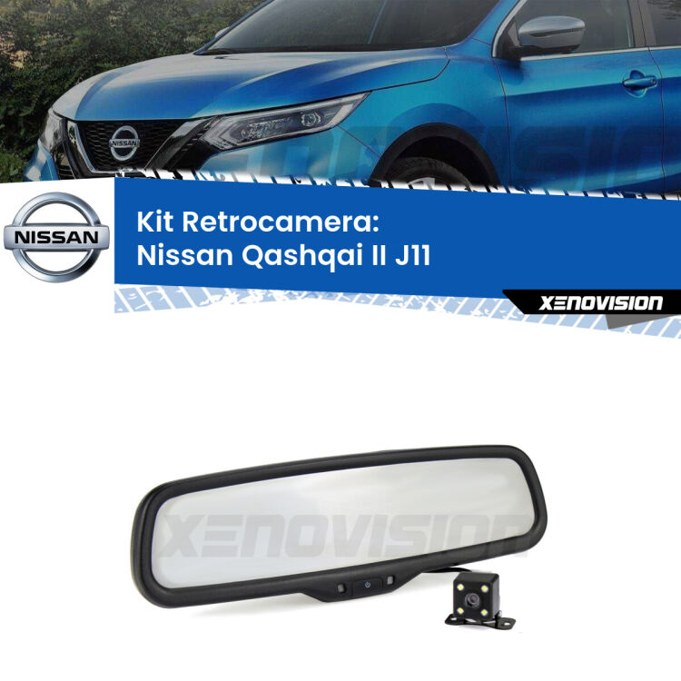 Kit Telecamera Parcheggio e Specchietto retrovisore con display invisibile per Nissan Qashqai II J11. Spento è identico all’originale. In retromarcia, l’immagine appare in un riquadro prima invisibile