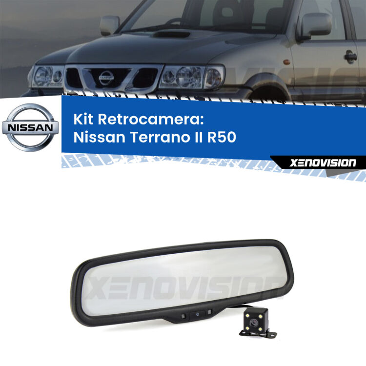 Kit Telecamera Parcheggio e Specchietto retrovisore con display invisibile per Nissan Terrano II R50. Spento è identico all’originale. In retromarcia, l’immagine appare in un riquadro prima invisibile