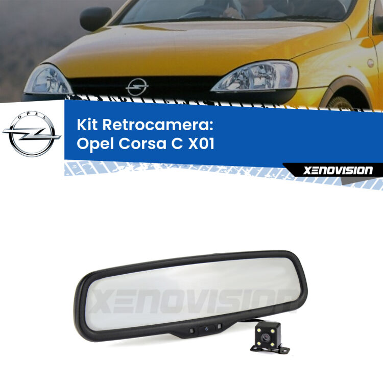 Kit Telecamera Parcheggio e Specchietto retrovisore con display invisibile per Opel Corsa C X01. Spento è identico all’originale. In retromarcia, l’immagine appare in un riquadro prima invisibile