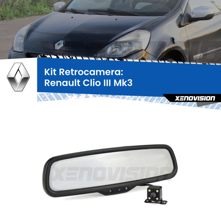 Kit Telecamera Parcheggio e Specchietto retrovisore con display invisibile per Renault Clio III Mk3. Spento è identico all’originale. In retromarcia, l’immagine appare in un riquadro prima invisibile