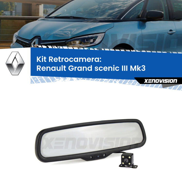 Kit Telecamera Parcheggio e Specchietto retrovisore con display invisibile per Renault Grand scenic III Mk3. Spento è identico all’originale. In retromarcia, l’immagine appare in un riquadro prima invisibile