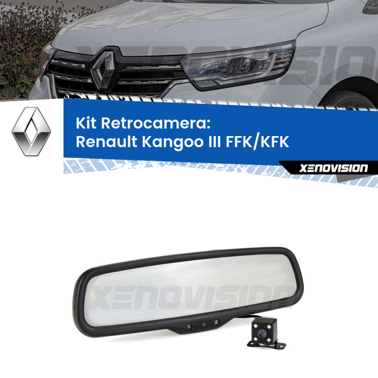 Kit Telecamera Parcheggio e Specchietto retrovisore con display invisibile per Renault Kangoo III FFK/KFK. Spento è identico all’originale. In retromarcia, l’immagine appare in un riquadro prima invisibile