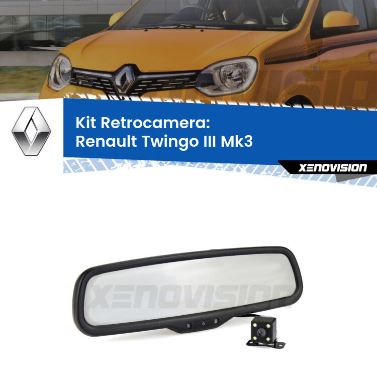 Kit Telecamera Parcheggio e Specchietto retrovisore con display invisibile per Renault Twingo III Mk3. Spento è identico all’originale. In retromarcia, l’immagine appare in un riquadro prima invisibile