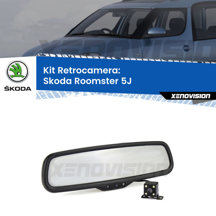 Kit Telecamera Parcheggio e Specchietto retrovisore con display invisibile per Skoda Roomster 5J. Spento è identico all’originale. In retromarcia, l’immagine appare in un riquadro prima invisibile