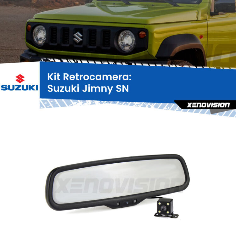 Kit Telecamera Parcheggio e Specchietto retrovisore con display invisibile per Suzuki Jimny SN. Spento è identico all’originale. In retromarcia, l’immagine appare in un riquadro prima invisibile