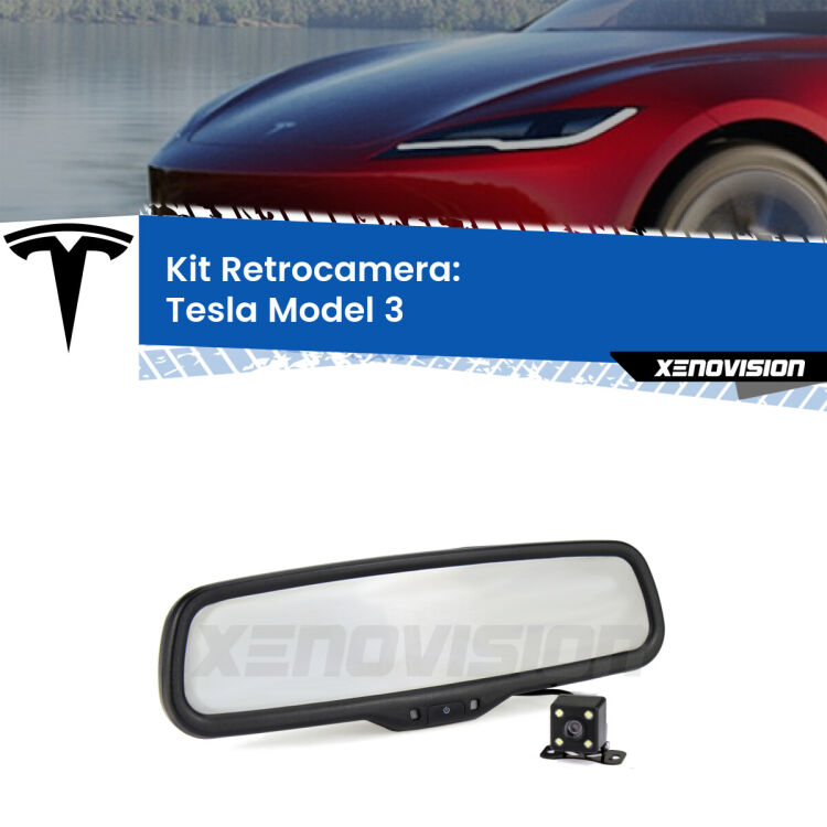 Kit Telecamera Parcheggio e Specchietto retrovisore con display invisibile incorporato per Tesla Model 3 . Da spento è indistinguibile da un retrovisore originale. Con 2 ingressi video per telecamere retromarcia, l'immagine appare in un riquadro che prima era invisibile.