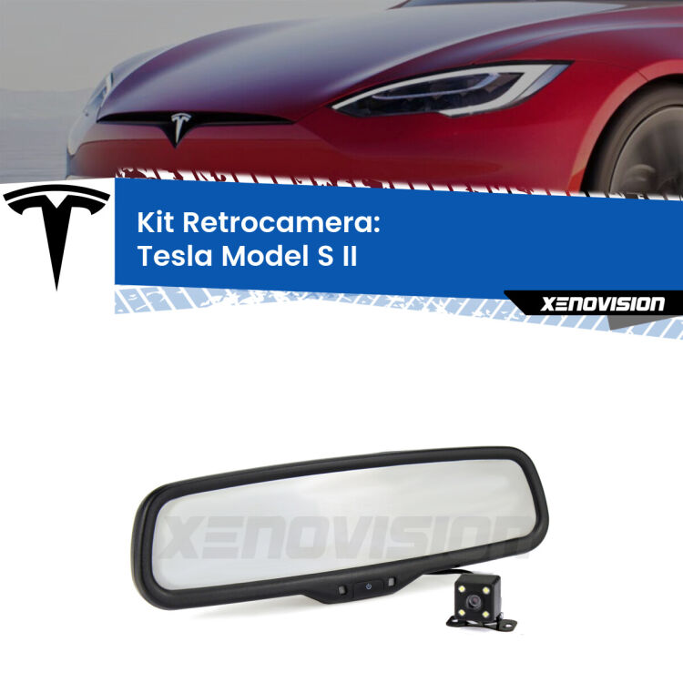 Kit Telecamera Parcheggio e Specchietto retrovisore con display invisibile incorporato per Tesla Model S II. Da spento è indistinguibile da un retrovisore originale. Con 2 ingressi video per telecamere retromarcia, l'immagine appare in un riquadro che prima era invisibile.