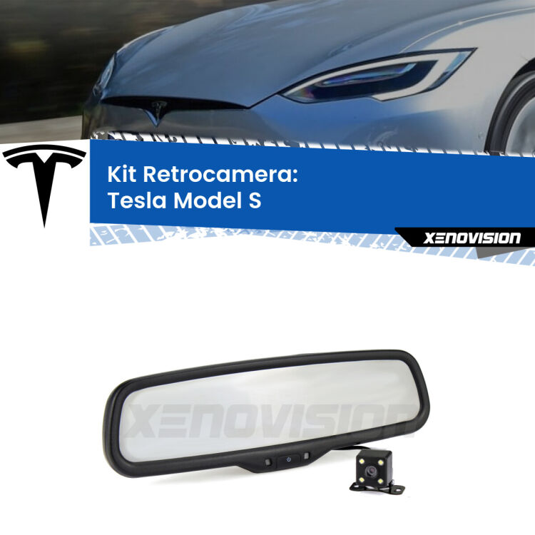 Kit Telecamera Parcheggio e Specchietto retrovisore con display invisibile incorporato per Tesla Model S . Da spento è indistinguibile da un retrovisore originale. Con 2 ingressi video per telecamere retromarcia, l'immagine appare in un riquadro che prima era invisibile.