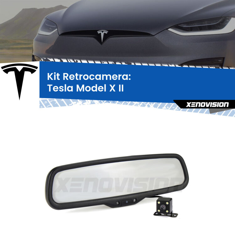 Kit Telecamera Parcheggio e Specchietto retrovisore con display invisibile incorporato per Tesla Model X II. Da spento è indistinguibile da un retrovisore originale. Con 2 ingressi video per telecamere retromarcia, l'immagine appare in un riquadro che prima era invisibile.