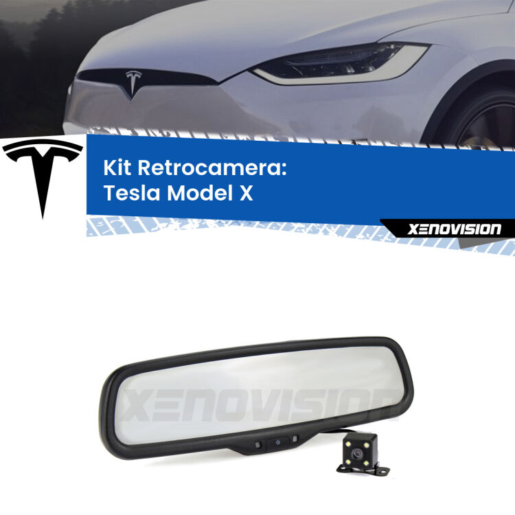 Kit Telecamera Parcheggio e Specchietto retrovisore con display invisibile incorporato per Tesla Model X . Da spento è indistinguibile da un retrovisore originale. Con 2 ingressi video per telecamere retromarcia, l'immagine appare in un riquadro che prima era invisibile.