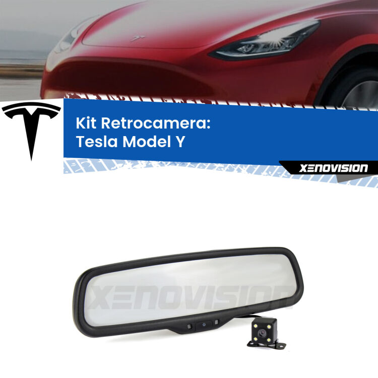 Kit Telecamera Parcheggio e Specchietto retrovisore con display invisibile incorporato per Tesla Model Y . Da spento è indistinguibile da un retrovisore originale. Con 2 ingressi video per telecamere retromarcia, l'immagine appare in un riquadro che prima era invisibile.