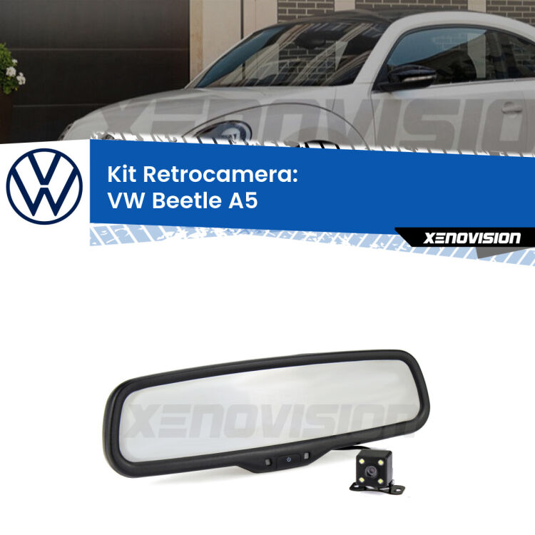 Kit Telecamera Parcheggio e Specchietto retrovisore con display invisibile incorporato per VW New Beetle II. Da spento è indistinguibile da un retrovisore originale. Con 2 ingressi video per telecamere retromarcia, l'immagine appare in un riquadro che prima era invisibile.