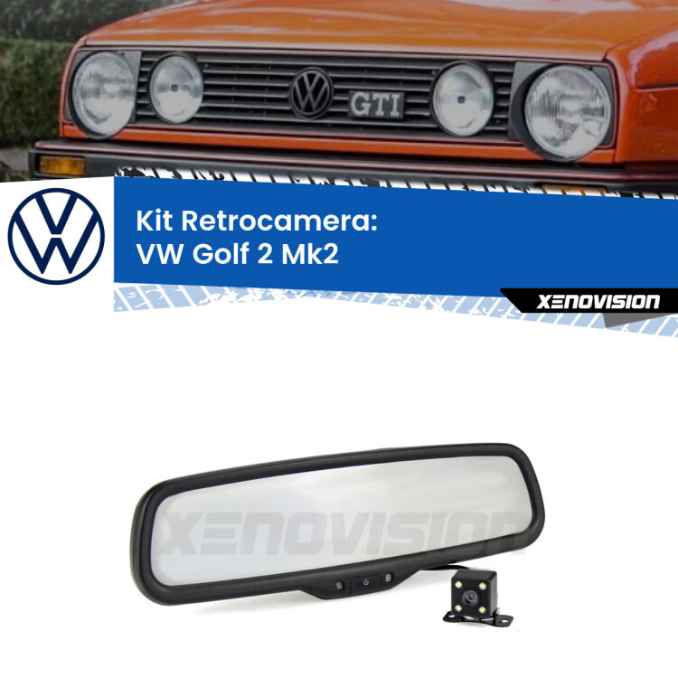 Kit Telecamera Parcheggio e Specchietto retrovisore con display invisibile incorporato per VW Golf 2 . Da spento è indistinguibile da un retrovisore originale. Con 2 ingressi video per telecamere retromarcia, l'immagine appare in un riquadro che prima era invisibile.