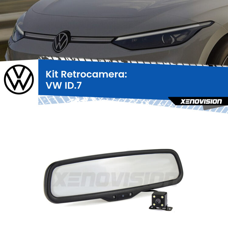 Kit Telecamera Parcheggio e Specchietto retrovisore con display invisibile incorporato per VW ID.7 . Da spento è indistinguibile da un retrovisore originale. Con 2 ingressi video per telecamere retromarcia, l'immagine appare in un riquadro che prima era invisibile.