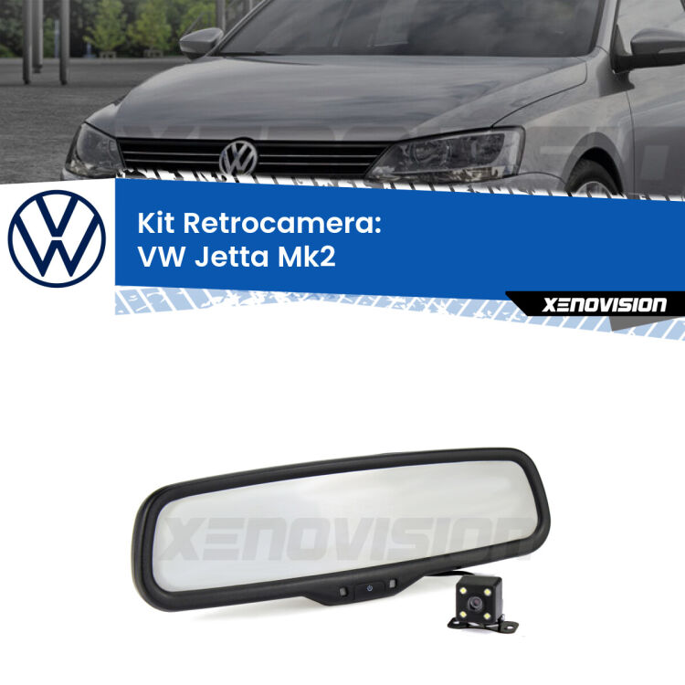 Kit Telecamera Parcheggio e Specchietto retrovisore con display invisibile incorporato per VW Jetta II. Da spento è indistinguibile da un retrovisore originale. Con 2 ingressi video per telecamere retromarcia, l'immagine appare in un riquadro che prima era invisibile.