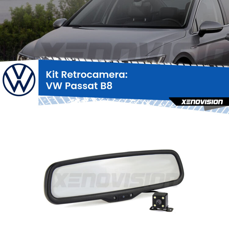 Kit Telecamera Parcheggio e Specchietto retrovisore con display invisibile incorporato per VW Passat B8. Da spento è indistinguibile da un retrovisore originale. Con 2 ingressi video per telecamere retromarcia, l'immagine appare in un riquadro che prima era invisibile.