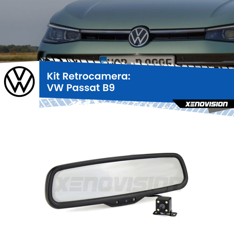 Kit Telecamera Parcheggio e Specchietto retrovisore con display invisibile incorporato per VW Passat B9. Da spento è indistinguibile da un retrovisore originale. Con 2 ingressi video per telecamere retromarcia, l'immagine appare in un riquadro che prima era invisibile.