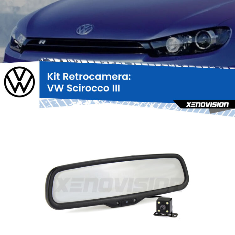 Kit Telecamera Parcheggio e Specchietto retrovisore con display invisibile per VW Scirocco III. Spento è identico all’originale. In retromarcia, l’immagine appare in un riquadro prima invisibile