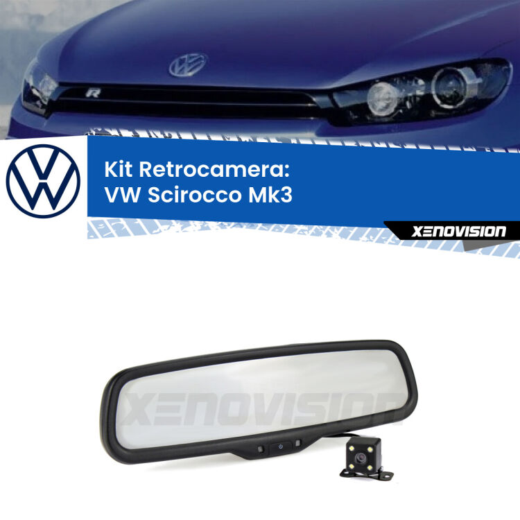 Kit Telecamera Parcheggio e Specchietto retrovisore con display invisibile incorporato per VW Scirocco III. Da spento è indistinguibile da un retrovisore originale. Con 2 ingressi video per telecamere retromarcia, l'immagine appare in un riquadro che prima era invisibile.