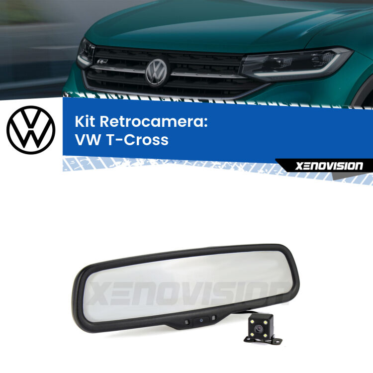 Kit Telecamera Parcheggio e Specchietto retrovisore con display invisibile incorporato per VW T-Cross . Da spento è indistinguibile da un retrovisore originale. Con 2 ingressi video per telecamere retromarcia, l'immagine appare in un riquadro che prima era invisibile.