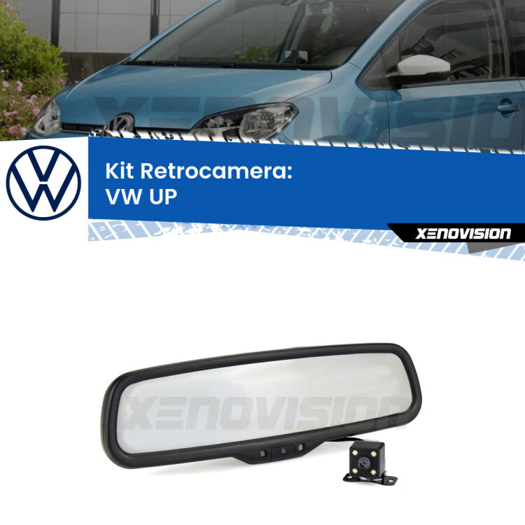 Kit Telecamera Parcheggio e Specchietto retrovisore con display invisibile incorporato per VW UP . Da spento è indistinguibile da un retrovisore originale. Con 2 ingressi video per telecamere retromarcia, l'immagine appare in un riquadro che prima era invisibile.