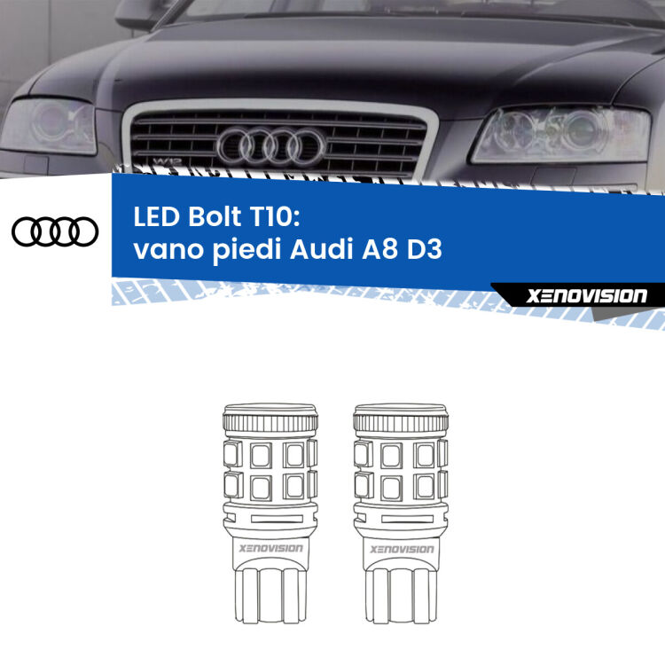 <strong>Vano Piedi LED per Audi A8</strong> D3 2002 - 2009. Coppia lampade <strong>T10</strong> modello Bolt canbus.